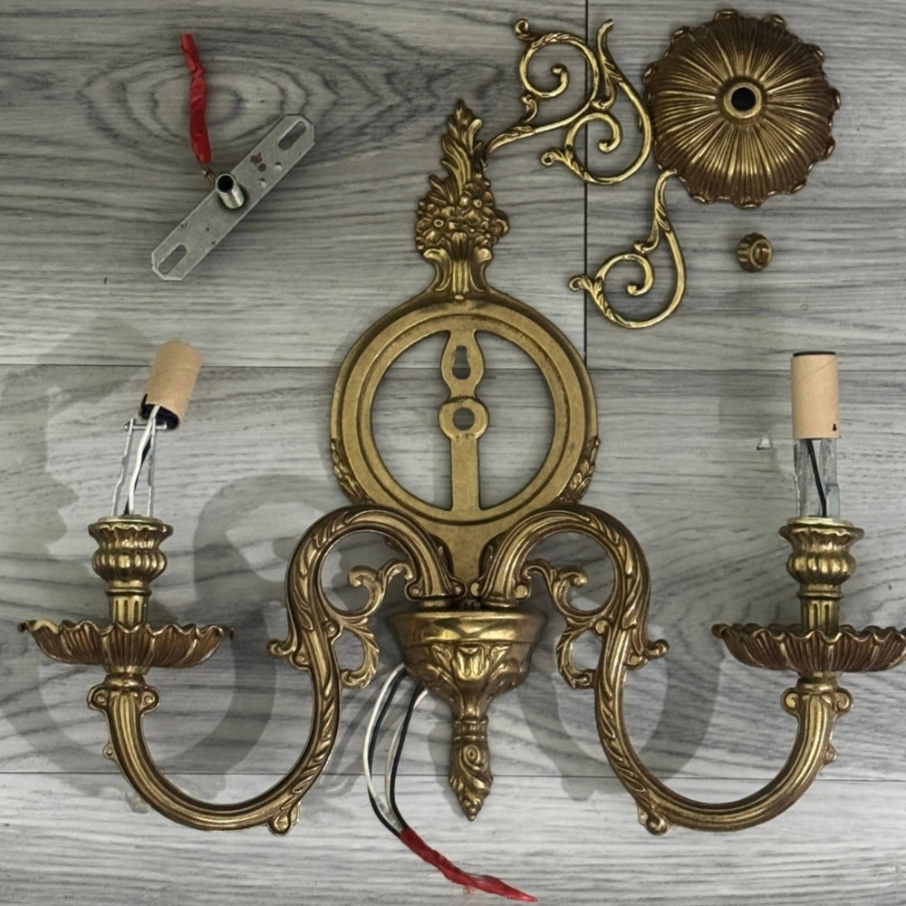 Antique French Style Brass Wall Sconce Parts Repair Ornate 2 Arm Light Fixture